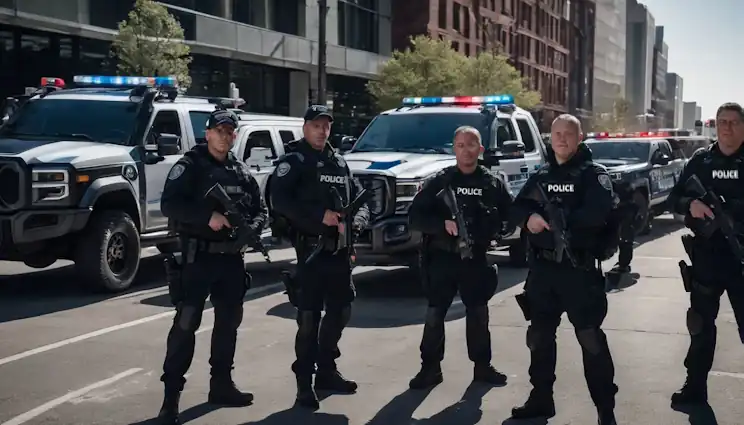 A group of law enforcement officers pose together in front of police vehicles.